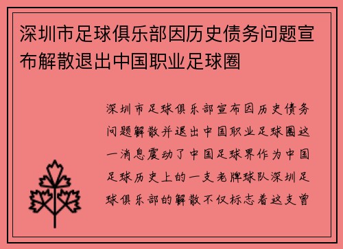 深圳市足球俱乐部因历史债务问题宣布解散退出中国职业足球圈